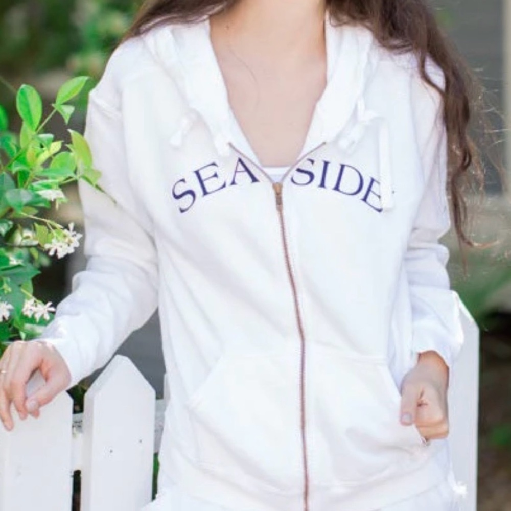Seaside White Zip Hoodie 'SEASIDE' Medium EUC Vacation Florida Rosemary Walton